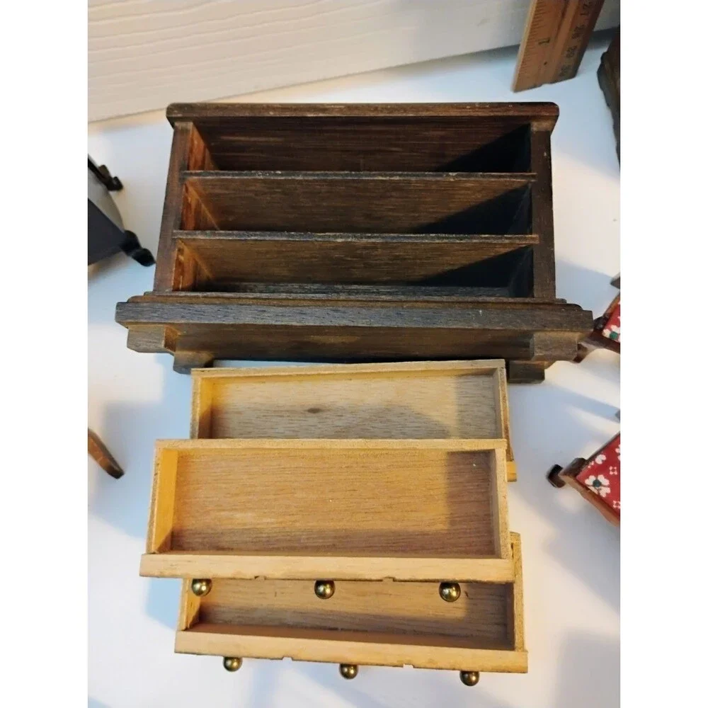 Vtg 1:12 Scale Wooden Dollhouse Furniture Lot Wardrobe Dresser Crib Chairs as-is